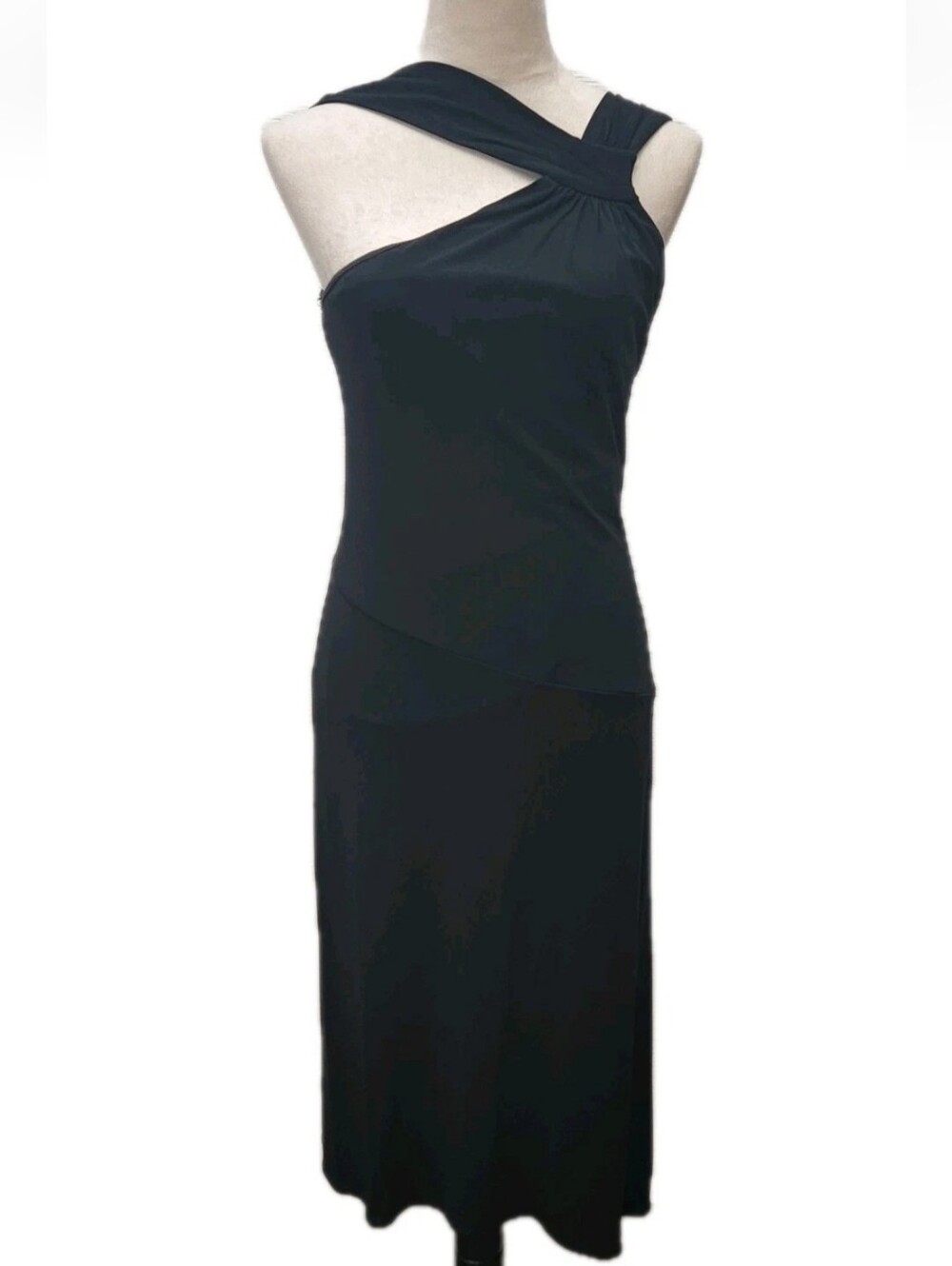 BCBGMAXAZRIA Black One Shoulder Cutout Midi Dress Asymmetrical Stretch Sheath S